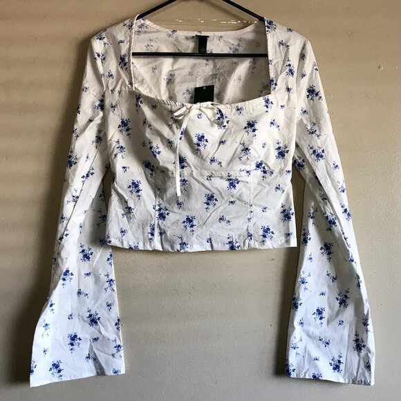 Wild Fable Women's Long Sleeve Cotton Milkmaid Top Cream & Blue Floral Size S - Picture 4 of 7